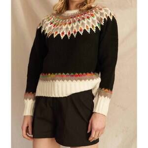 NEW EN CREME fern & feather pattern knit sweater in black multi